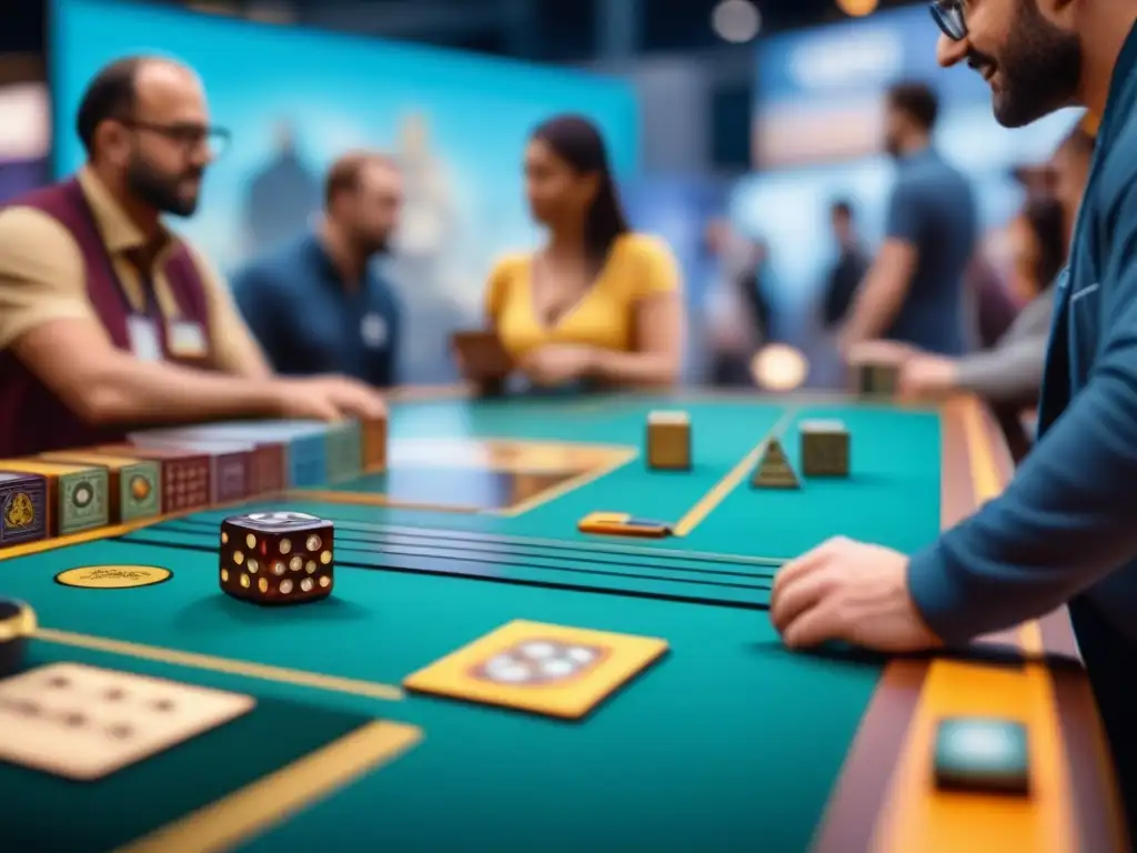 Una animada feria de juegos de mesa con diversidad de personas disfrutando juegos en puestos coloridos