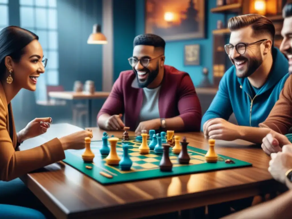 Una animada sesión de juegos de mesa en un café vibrante, con jugadores de diversas edades y fondos, inmersos y sonrientes