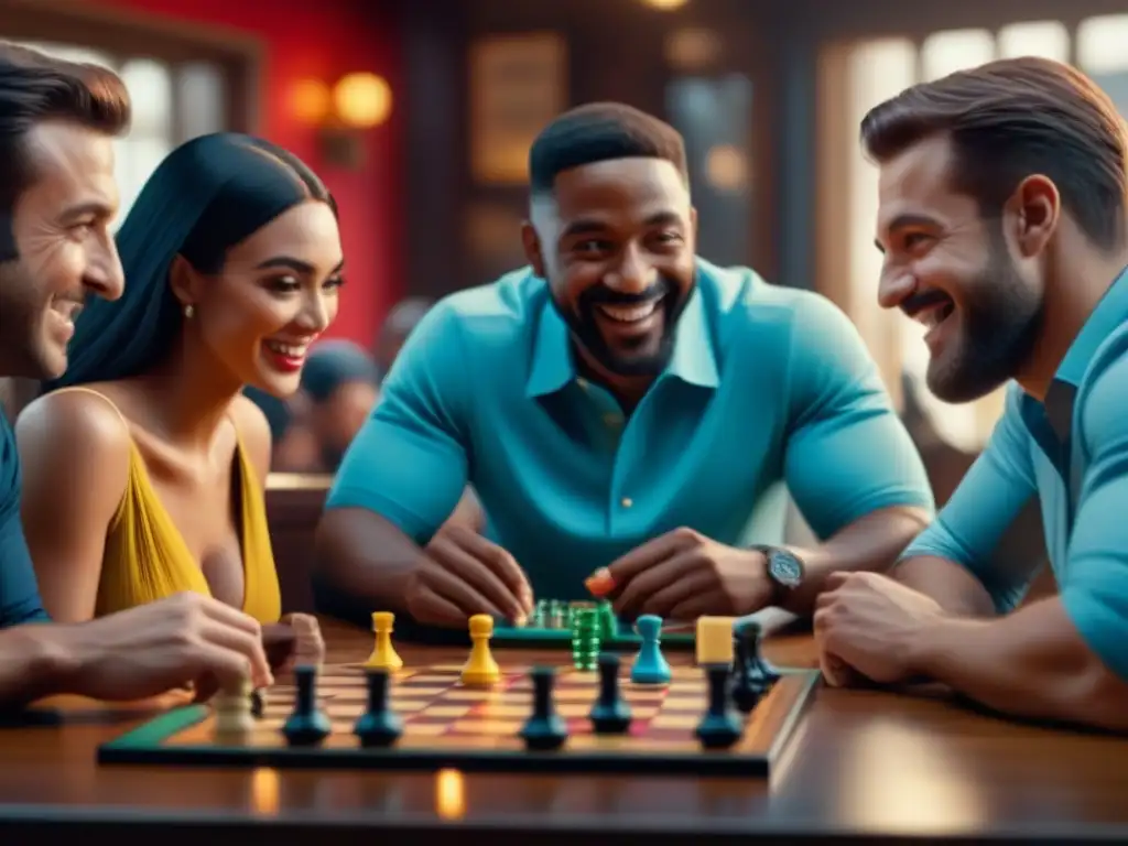 Animada noche de juegos en bar: diversión y camaradería entre personas de diferentes edades y orígenes, disfrutando de juegos de mesa juntos