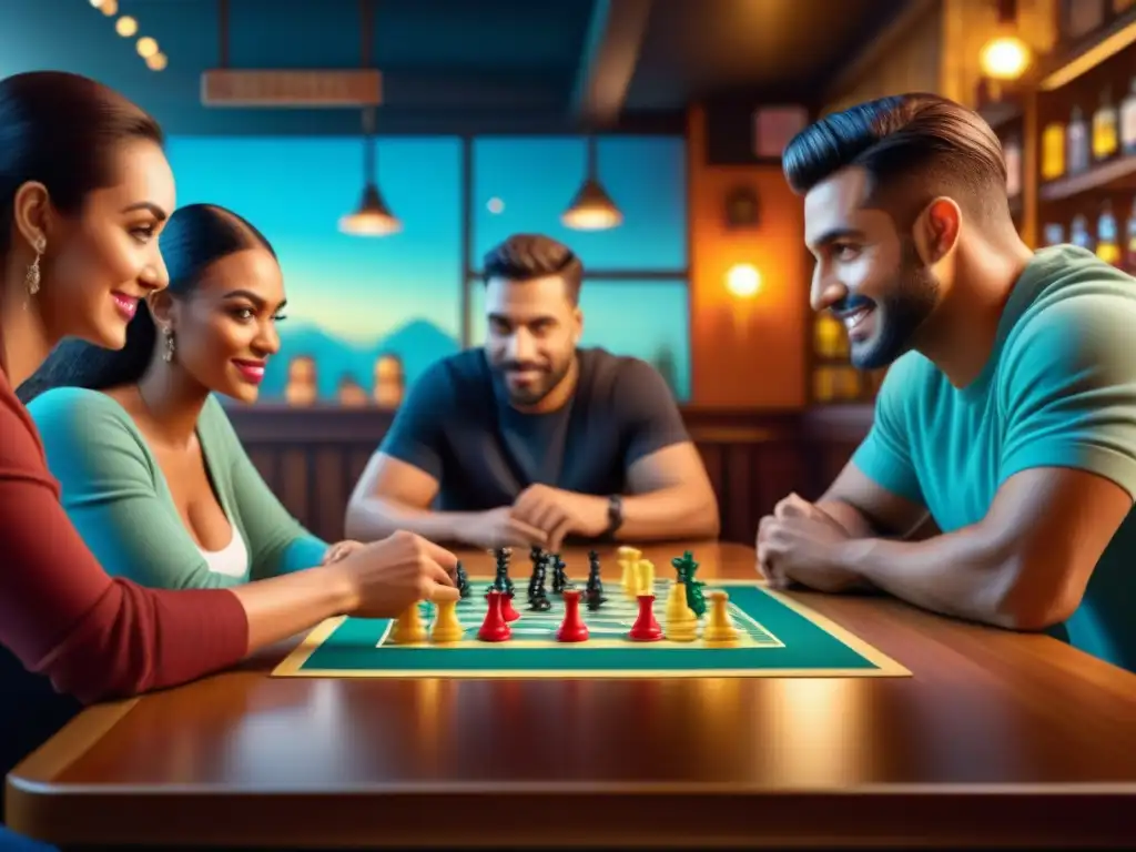 Animada noche de juegos en bar: Diversidad y estrategia en un ambiente cálido y acogedor