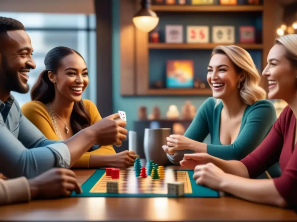 Una animada noche de juegos de mesa en cafetería: risas, camaradería y diversión con amigos alrededor de la mesa