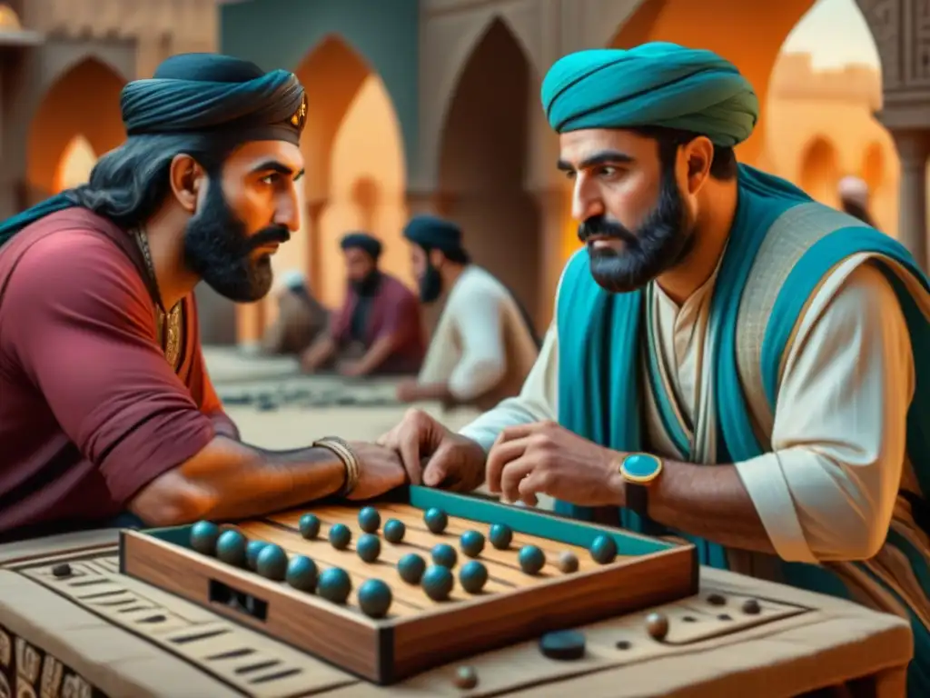 Una animada partida de backgammon en la antigua Mesopotamia: detalles históricos, expresiones concentradas y colores vibrantes