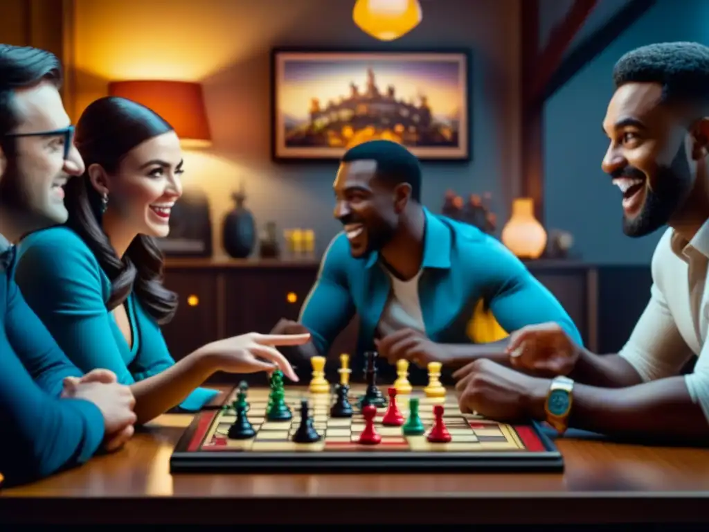 Jóvenes disfrutan animada partida de juegos de mesa en ambiente acogedor Una animada partida de juegos de mesa en una habitación acogedora, reflejando la ascendente cultura pop de estos juegos