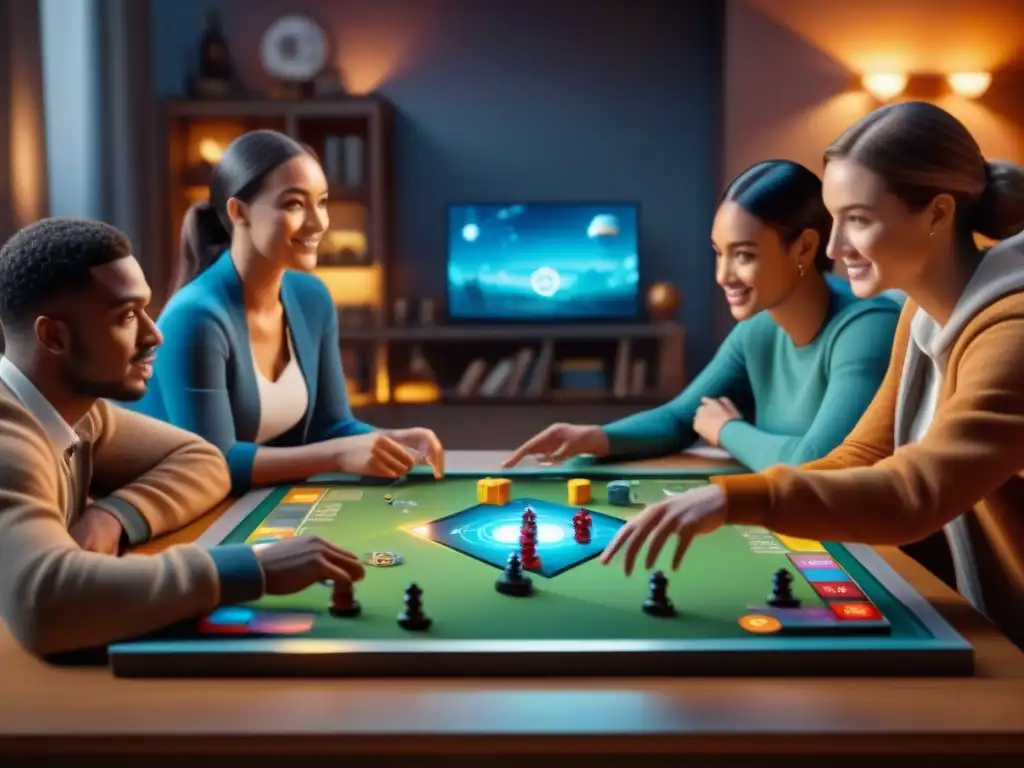 Una animada partida de juegos de mesa con realidad aumentada, con jugadores de todas las edades emocionados por las proyecciones holográficas