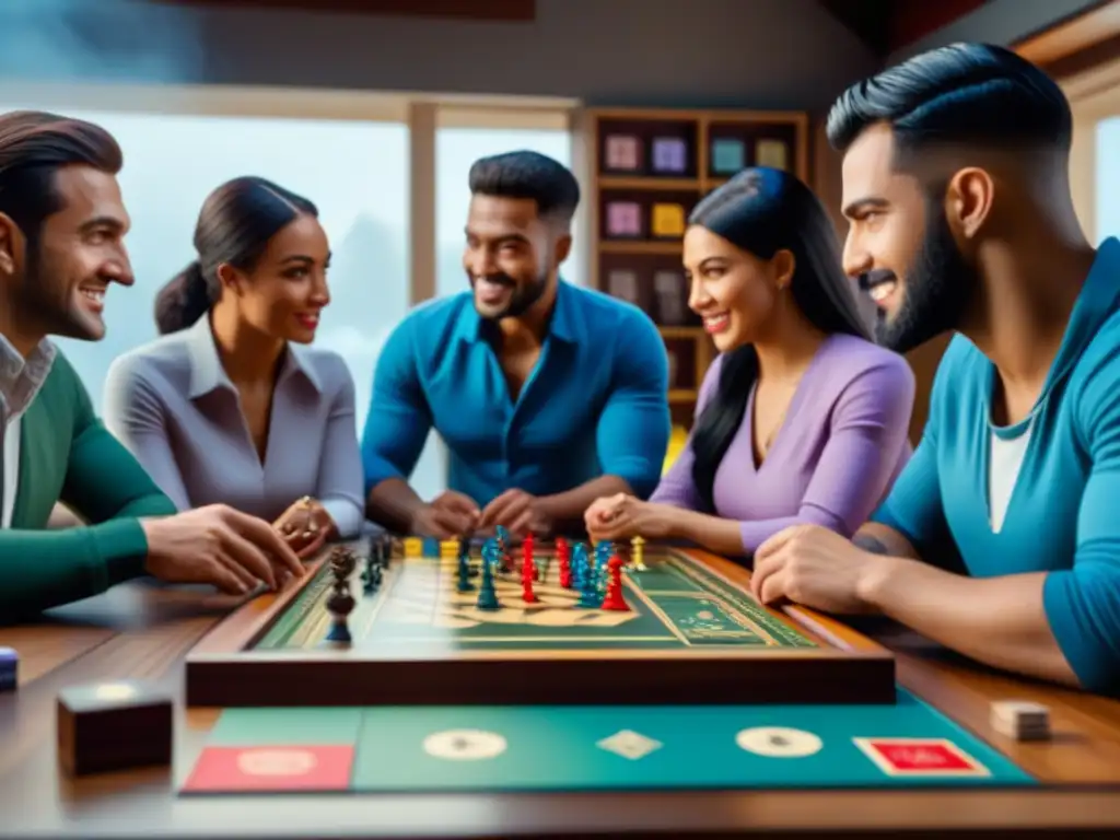 Una animada reunión de amigos y familiares disfrutando de juegos de mesa en una habitación llena de coloridas cajas de juegos