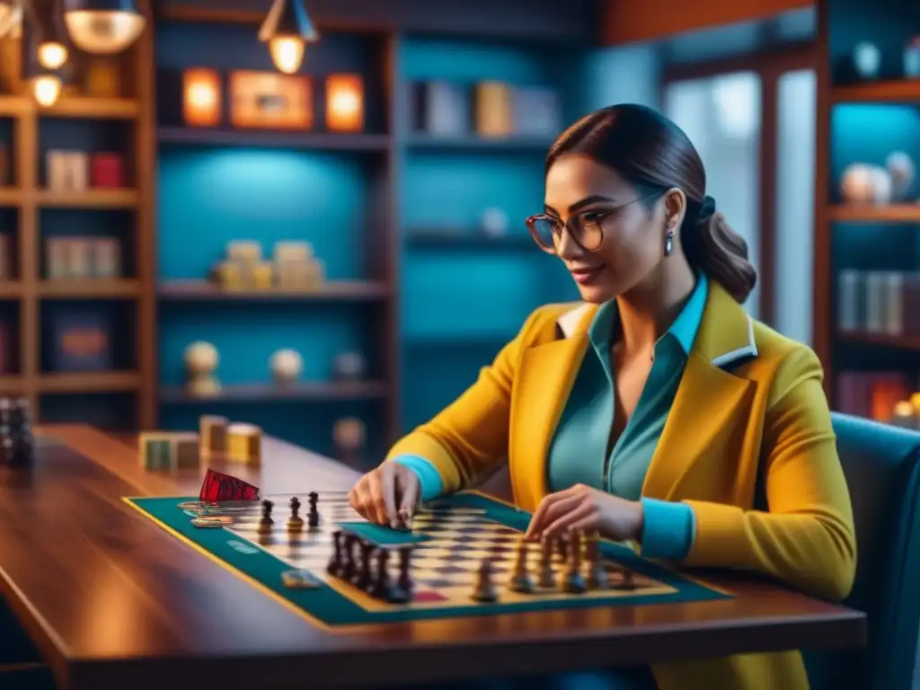 Una animada reunión de entusiastas de juegos de mesa en un café, con juegos y jugadores apasionados, reflejando la cultura social e interactiva