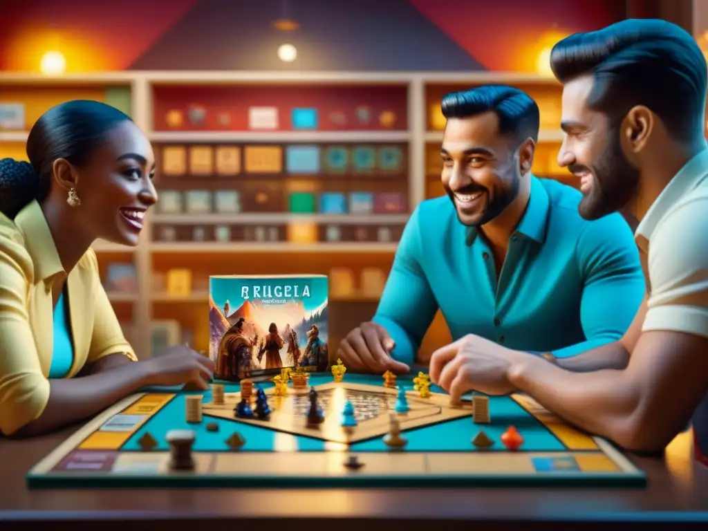 Una animada reunión alrededor de juegos de mesa coloridos y detallados