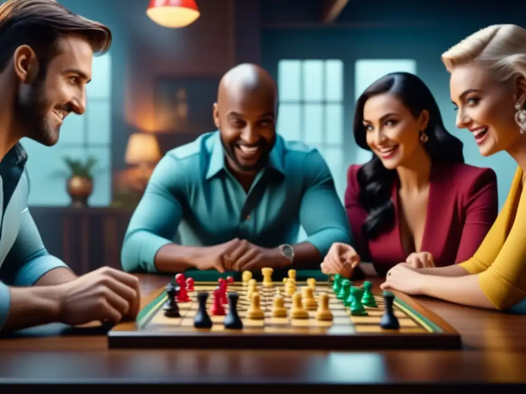 Una animada reunión alrededor de una mesa de juegos de mesa, reflejando la emoción y diversión