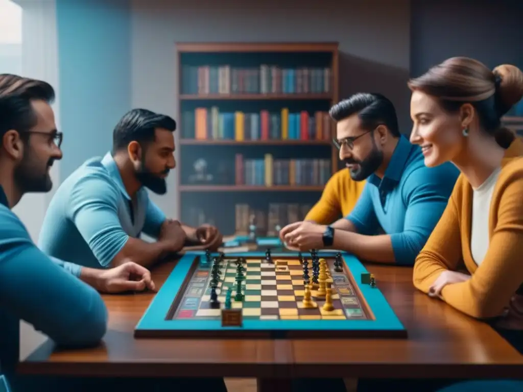 Diversión y camaradería en juego de mesa Una animada reunión alrededor de una mesa llena de juegos de mesa coloridos