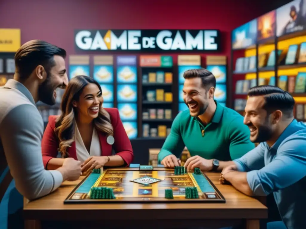 Animada tienda de juegos con clientes entusiasmados, juegos de mesa coloridos, jugadores diversos riendo y planeando estrategias