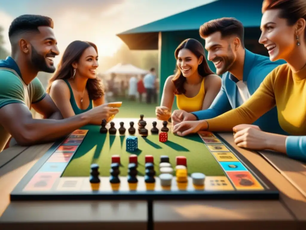 Una animada venta de verano de juegos de mesa con diversidad de personas disfrutando juntos bajo el sol