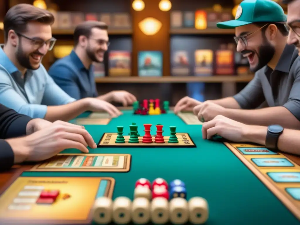 Un animado café de juegos de mesa con diversidad de jugadores concentrados y risas