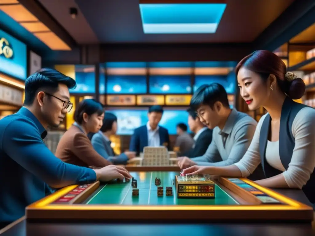 Un animado café de juegos de mesa en Tokio, Japón, con gente diversa disfrutando de emocionantes partidas