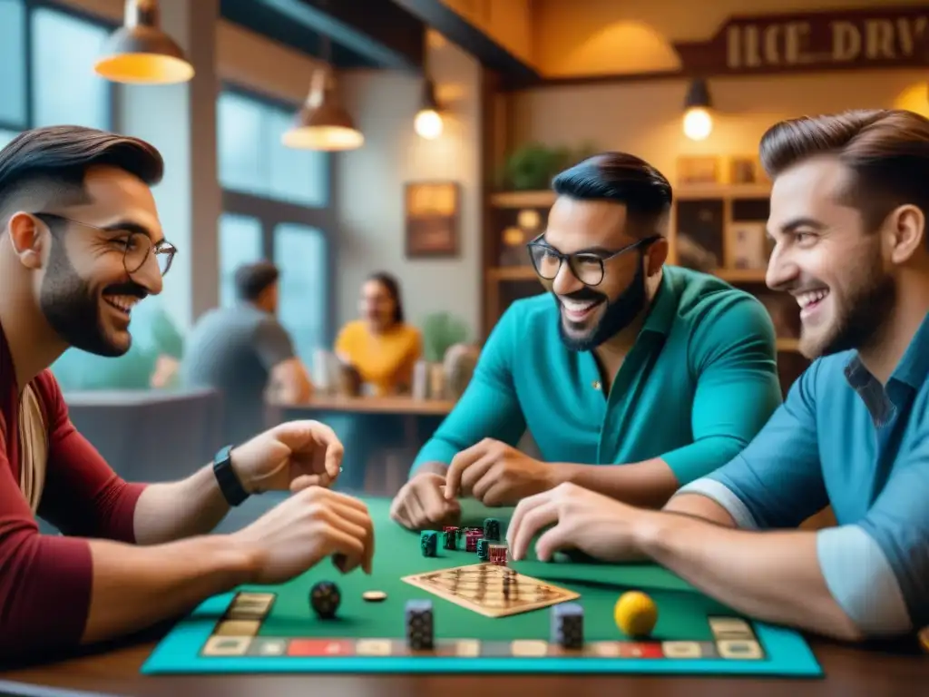 Un animado café de juegos de mesa con grupos diversos disfrutando de partidas emocionantes