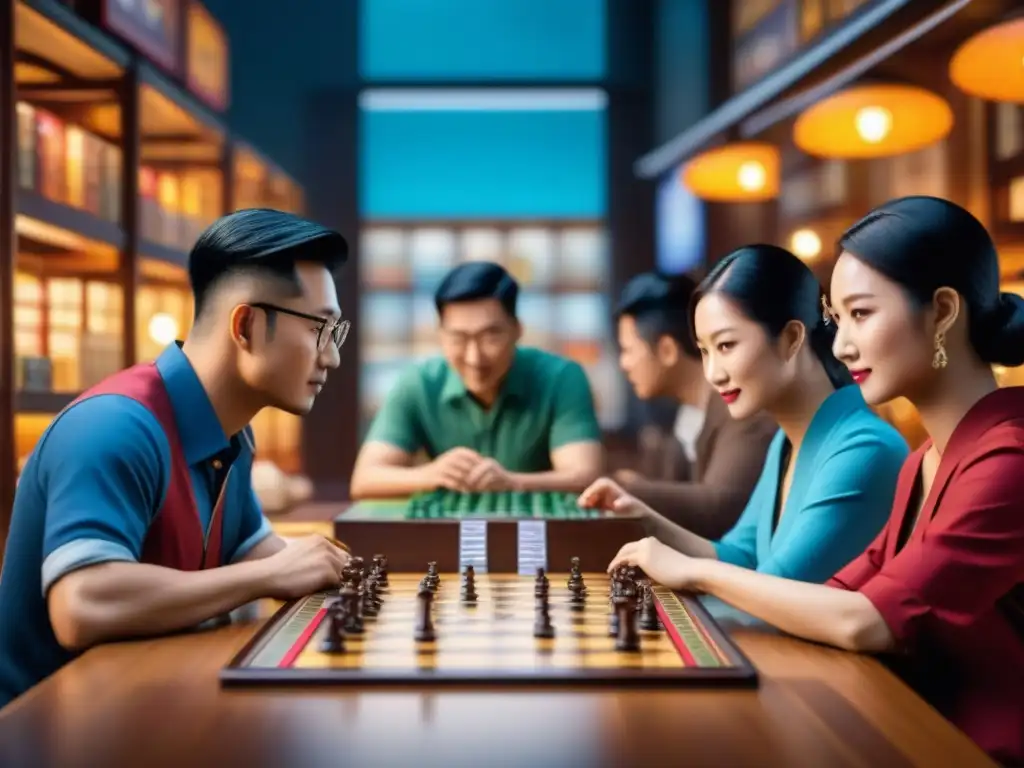 Un animado café de juegos de mesa en Asia, con personas de todas las edades disfrutando de variados juegos de mesa