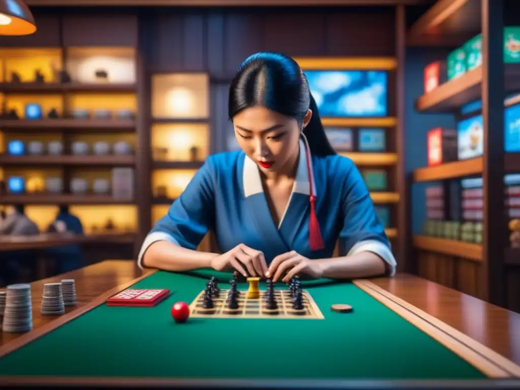 Un animado café de juegos de mesa en Tokio, Japón, donde personas disfrutan de juegos tradicionales y modernos