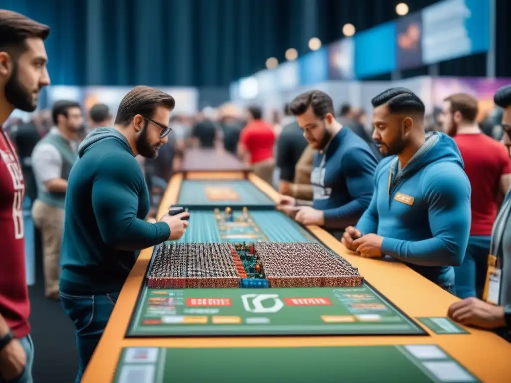 Un animado centro de convenciones con coloridos puestos de juegos de mesa y entusiastas jugadores