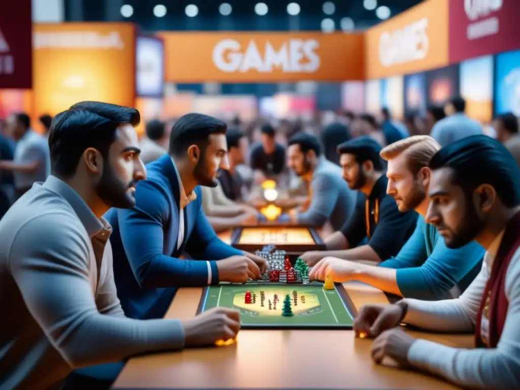 Un animado centro de convenciones lleno de juegos de mesa, jugadores y vendedores, con luces brillantes y ambiente vibrante