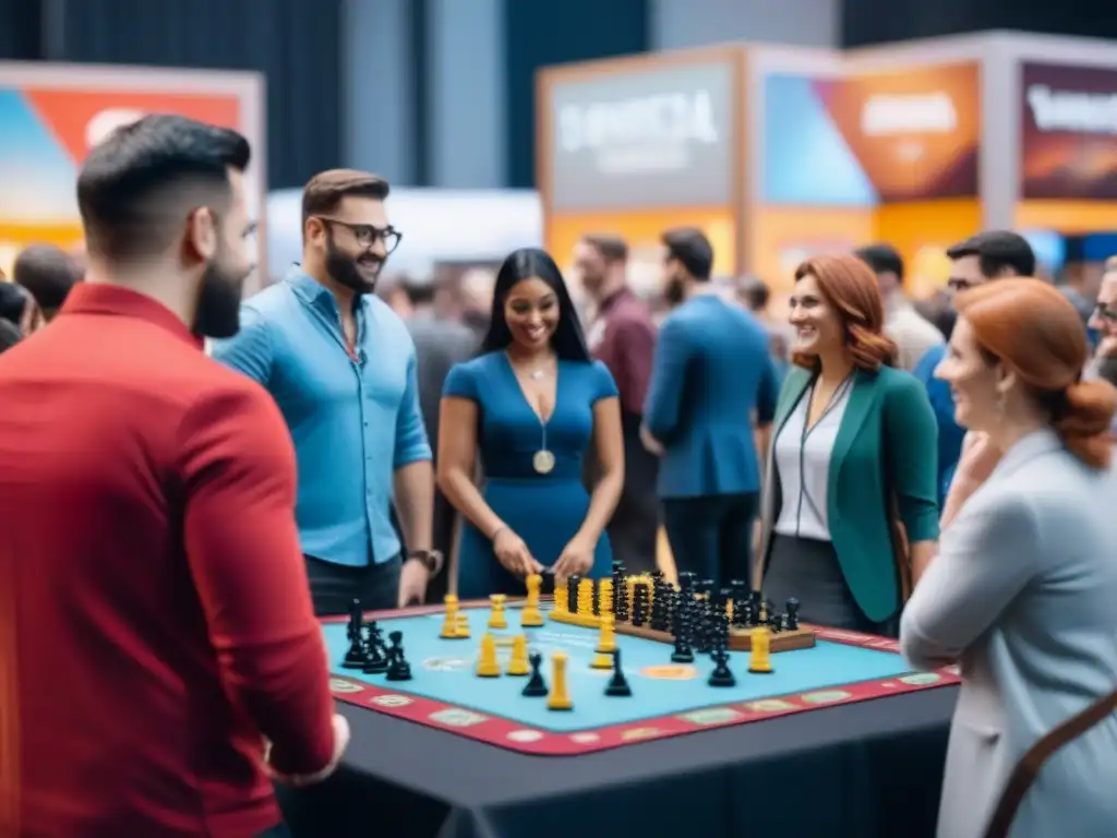 Animado evento de lanzamiento de juegos de mesa en un centro de convenciones iluminado, con diversidad y emoción en cada rincón