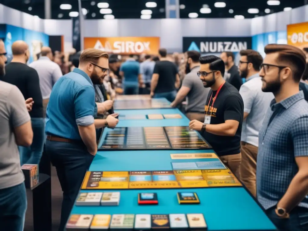 Un animado evento de licencias de juegos de mesa con coloridos stands, diseñadores negociando y asistentes examinando