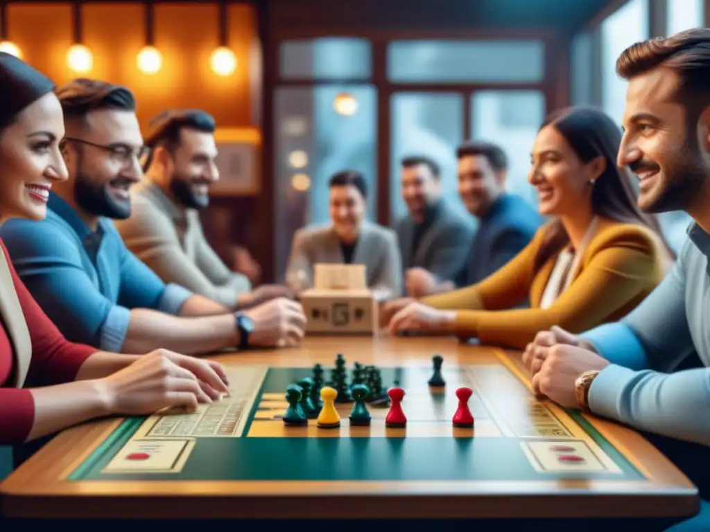 Animado evento de juegos de mesa en un café acogedor, con diversidad de jugadores disfrutando de partidas