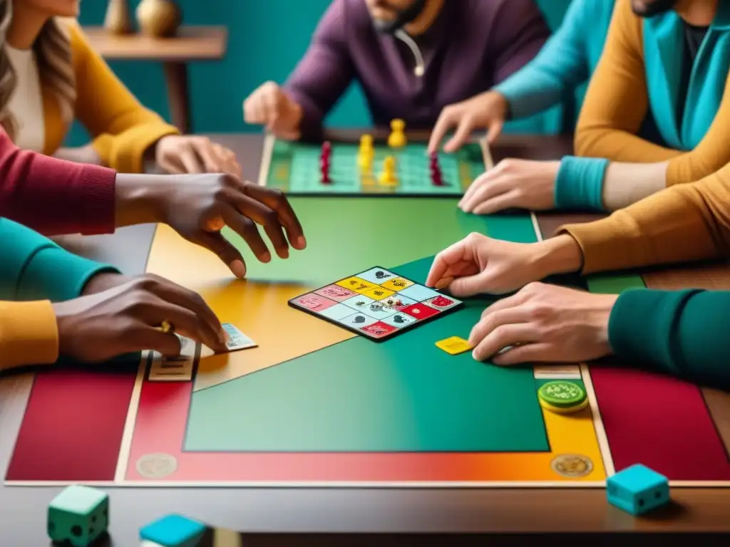 Un animado grupo de amigos disfruta de juegos de mesa coloridos, mostrando la diversión y camaradería