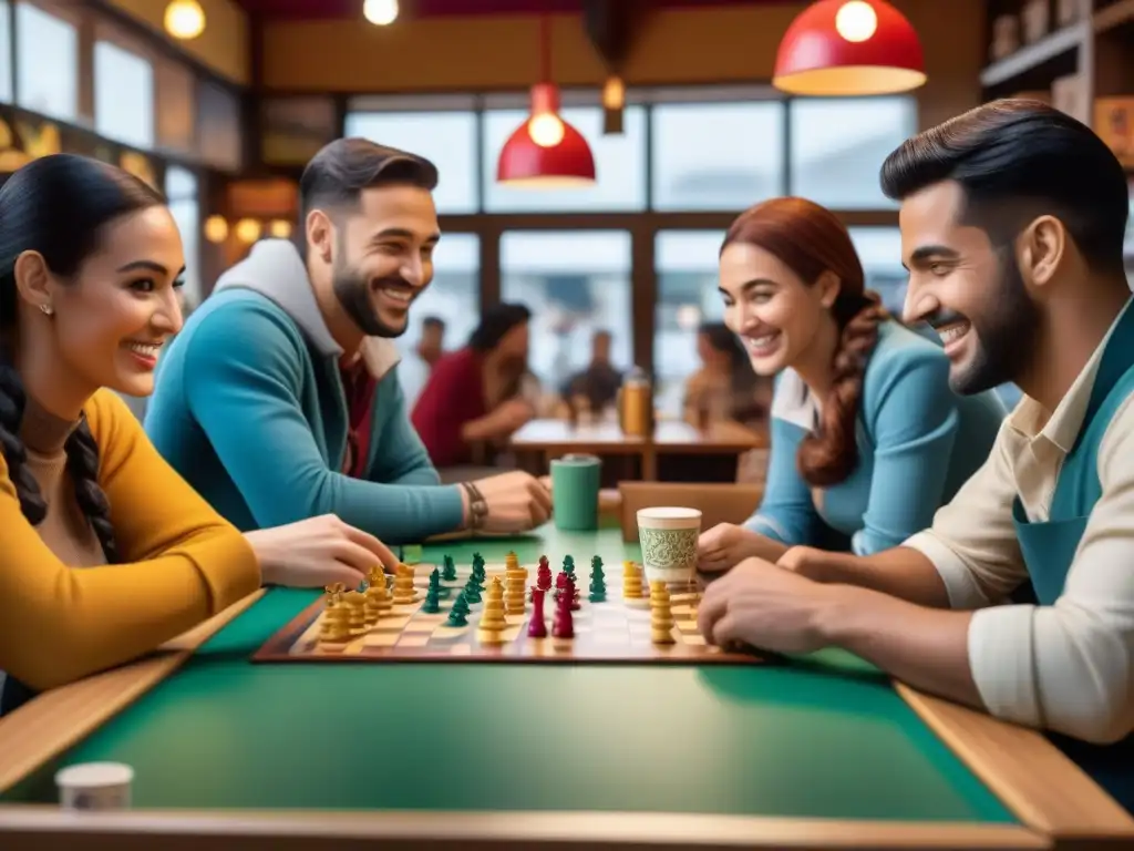 Un animado grupo de entusiastas de juegos de mesa disfruta de un evento en un acogedor café, rodeados de diversión y camaradería