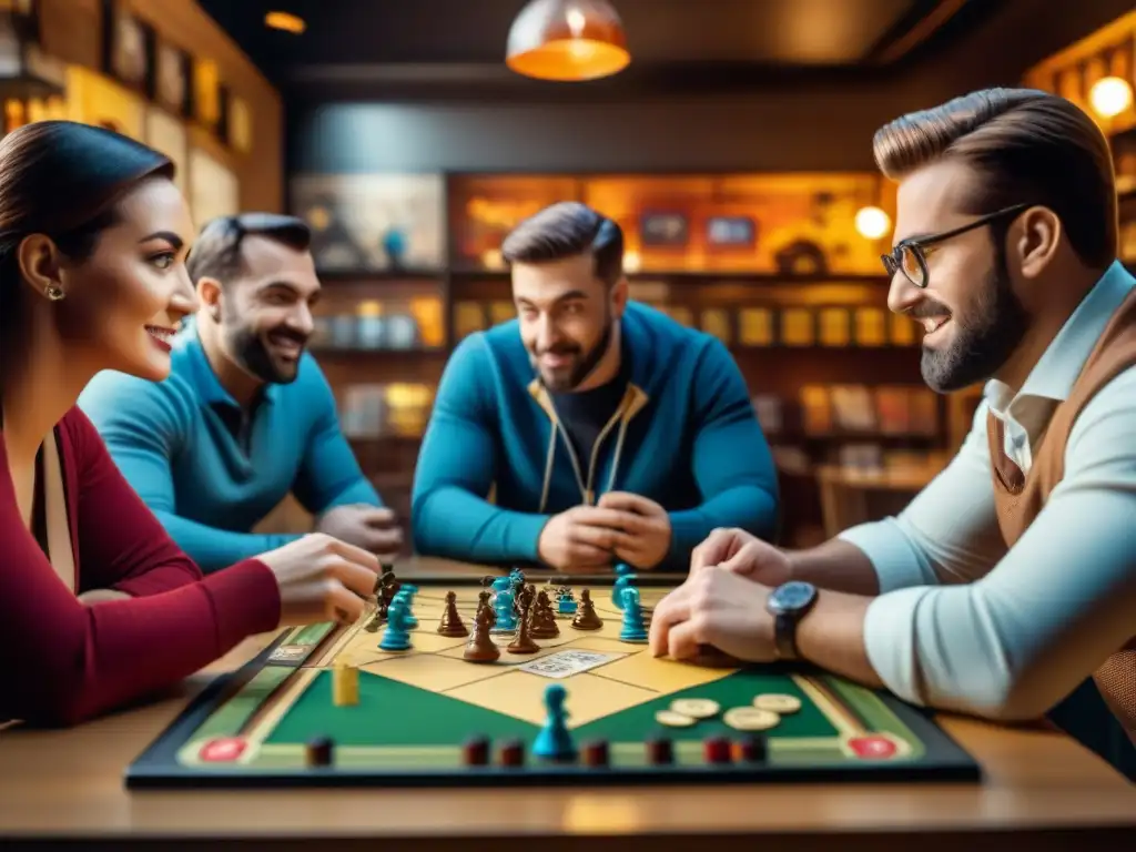 Un animado grupo de entusiastas de juegos de mesa en un café, mostrando diversidad y pasión