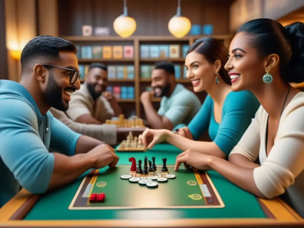 Un animado grupo de personas disfruta de juegos de mesa en un café, reflejando atracción por los juegos de mesa en publicidad