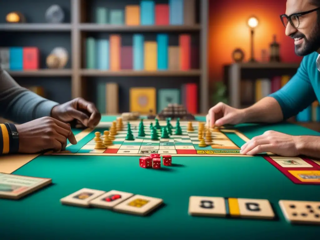 Un animado intercambio de juegos de mesa usados entre personas diversas, examinando con entusiasmo