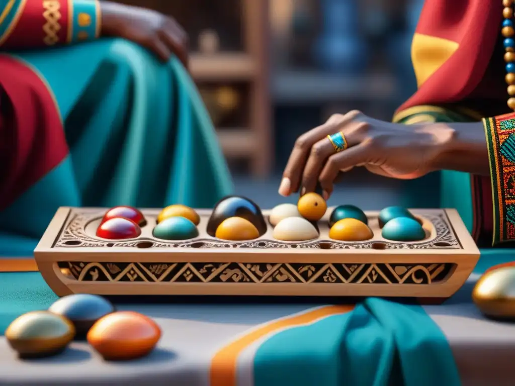 Un animado juego de Mancala en África, con símbolos tradicionales y colores vibrantes