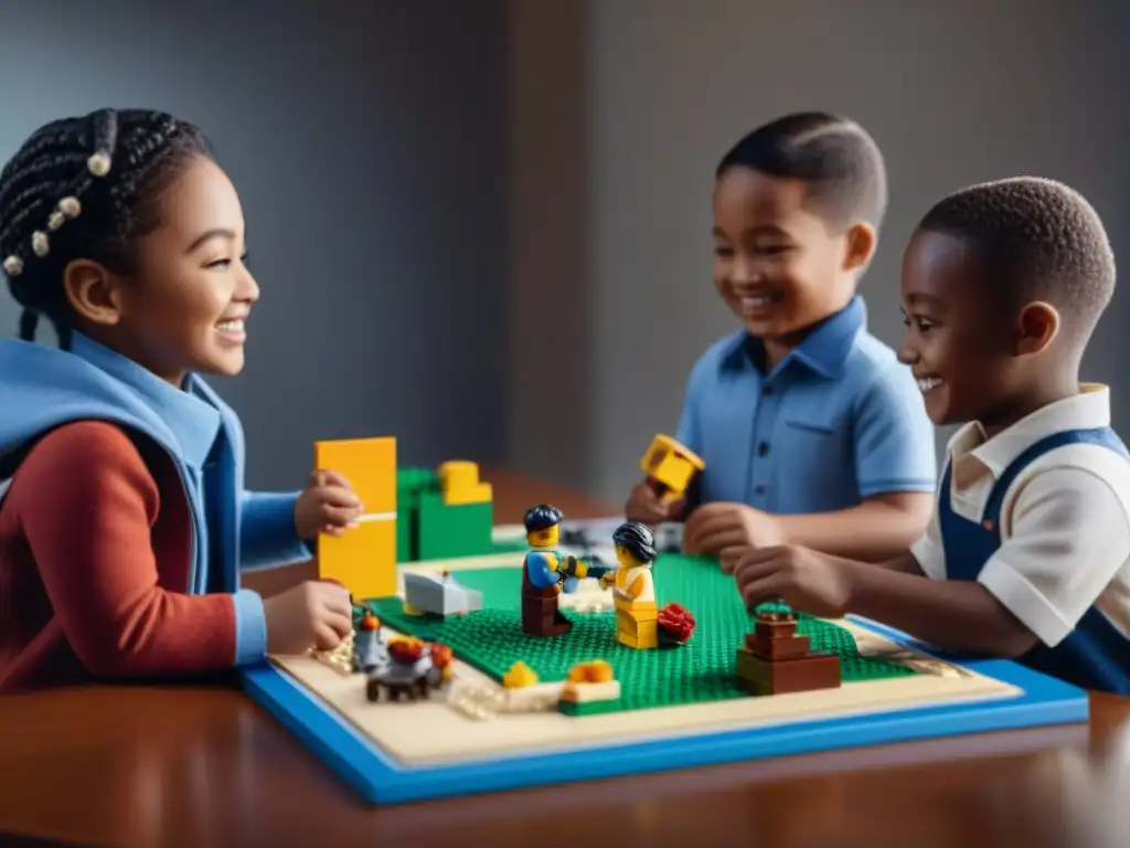 Un animado juego de mesa Lego Creator reúne a niños de diferentes orígenes, colaborando y divirtiéndose con piezas coloridas