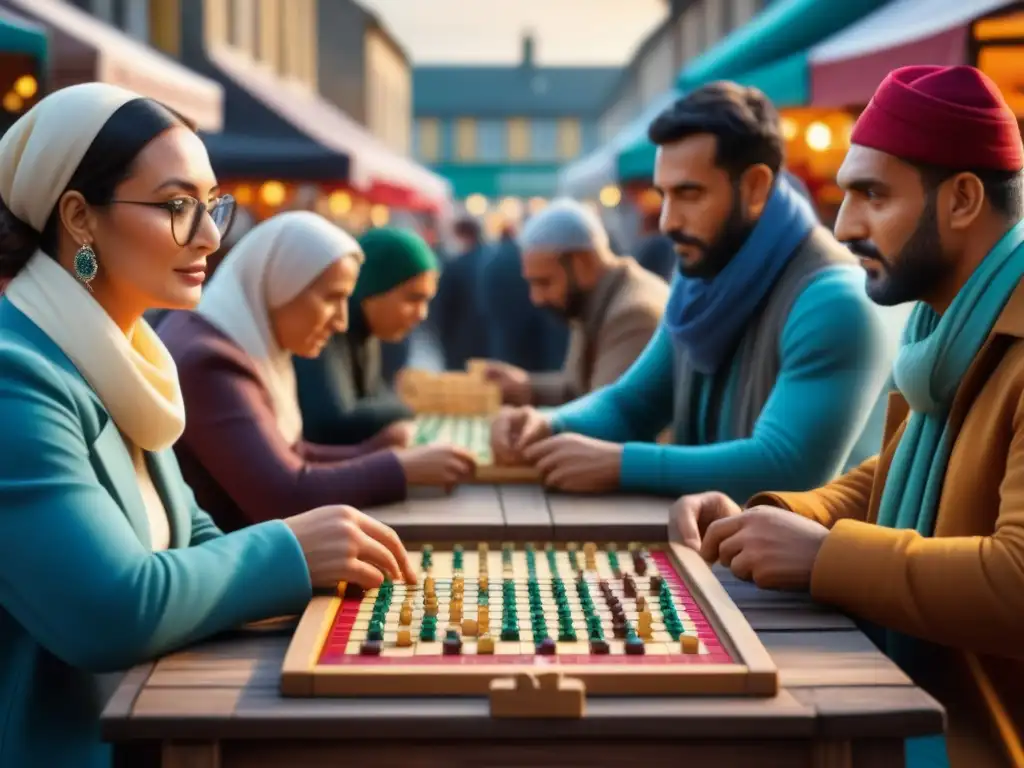 Un animado juego de Scrabble entre personas de distintas culturas en un mercado urbano