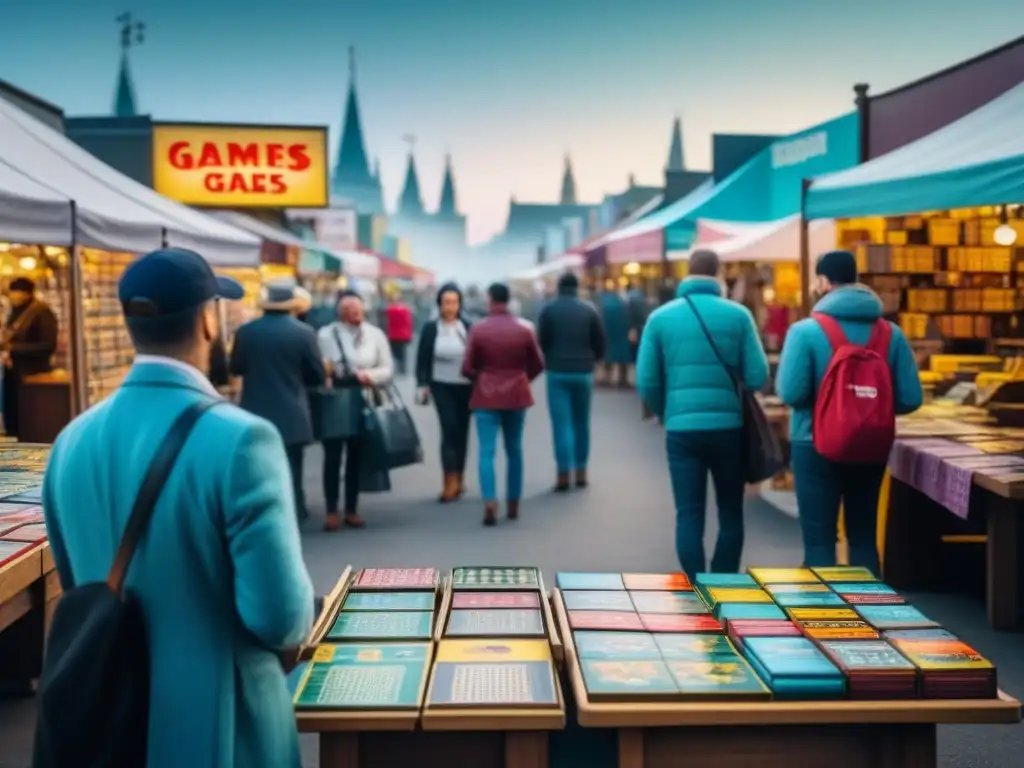 Animado mercado de pulgas con ofertas juegos de mesa segunda mano, clientes variados explorando la selección colorida