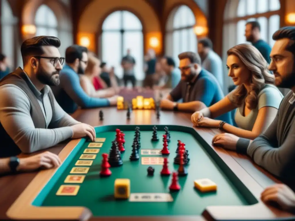 Convención de juegos de mesa: diversión y emoción en alta resolución Un animado salón de convenciones de juegos de mesa, diversidad de jugadores inmersos en partidas modernas