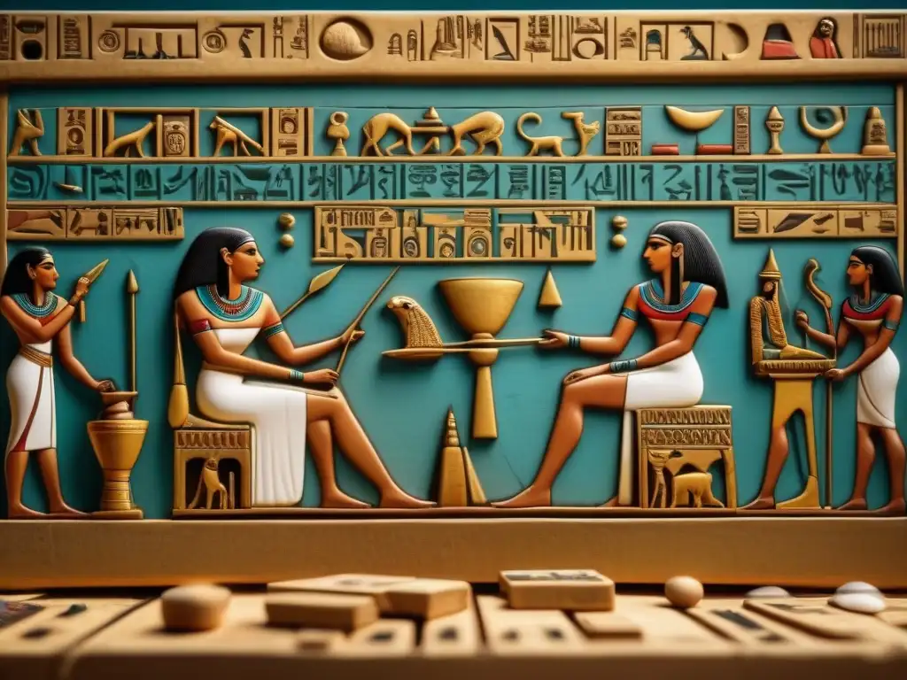 Antigua escena detallada de egipcios jugando Senet, un popular juego de mesa en Egipto