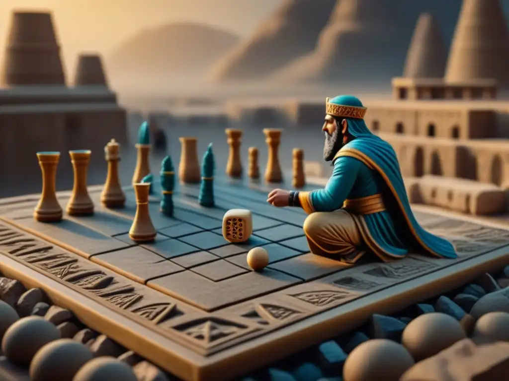 Antigua escena de juego de backgammon en Mesopotamia, revelando la historia del backgammon mesopotamia en un tablero de piedra tallado