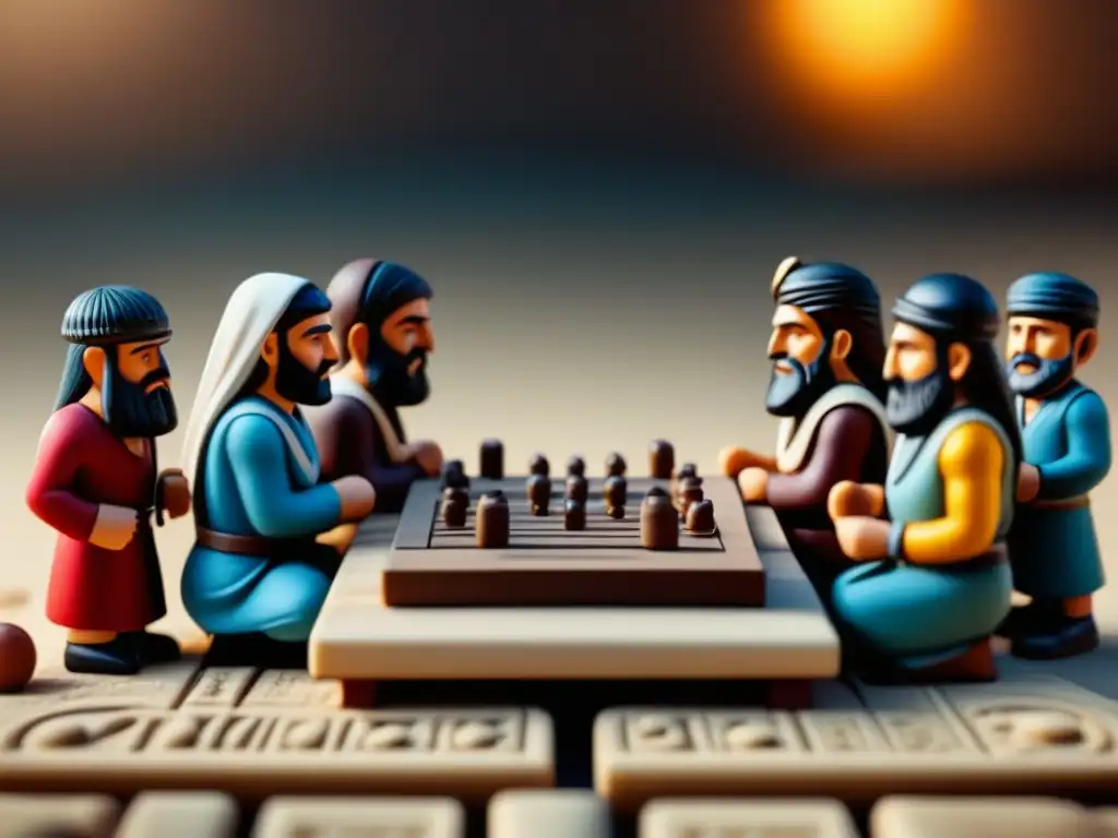 Antigua escena de Mesopotamia con personas jugando un juego de mesa en un mercado histórico