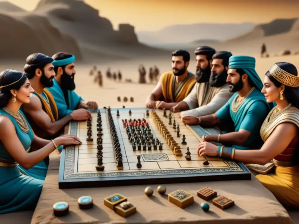 Antigua escena de Mesopotamia: personas juegan el Juego Real de Ur en una mesa de piedra, destacando la cohesión social de los juegos de mesa