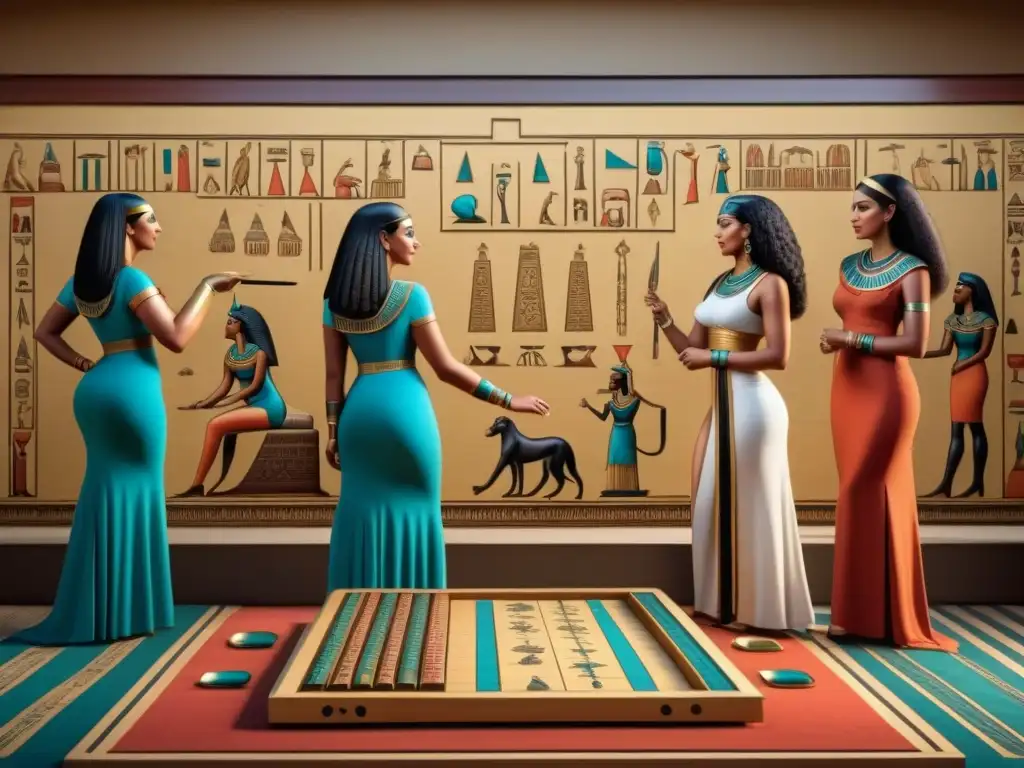 Antiguo mural egipcio de Juegos de mesa en Egipto con detalladas escenas de jugadores de Senet en un lujoso entorno decorado con jeroglíficos