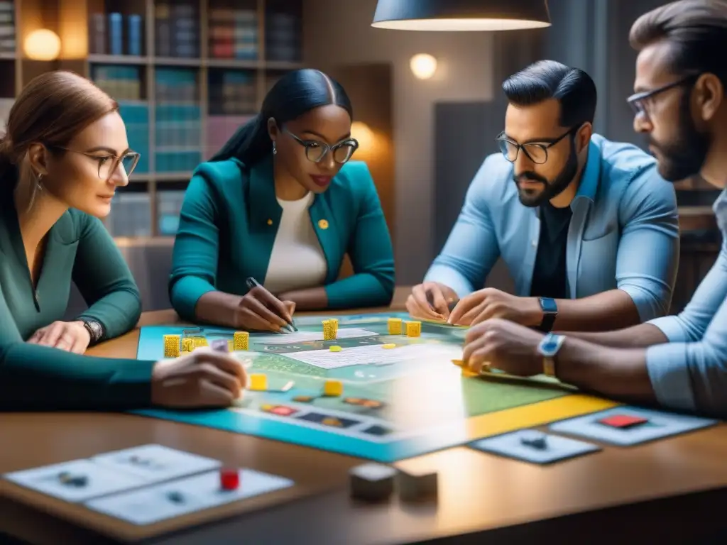 Un apasionado equipo de diseñadores de juegos de mesa colaborando juntos en una habitación llena de prototipos y notas creativas