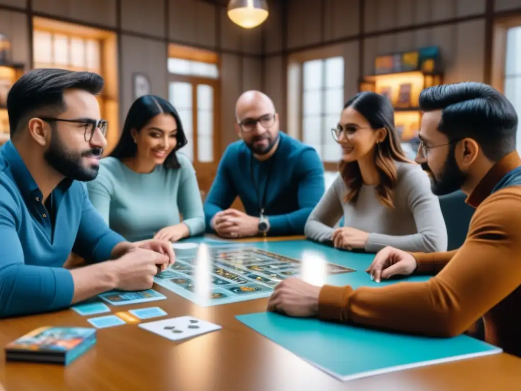Intensa creatividad: diseñadores de juegos de mesa ideando su próximo éxito Un apasionado grupo de creadores de juegos de mesa discuten ideas con impacto de Twitch en juegos de mesa, rodeados de prototipos y cartas coloridas