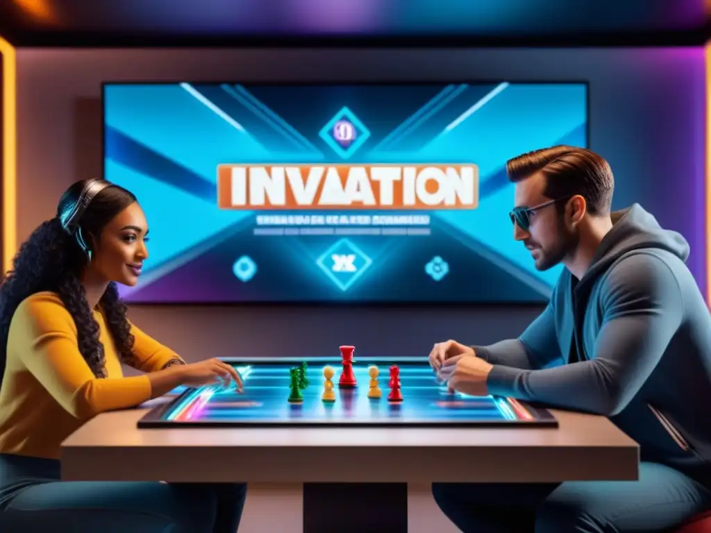 Apasionante juego de mesa futurista con hologramas en sala tecnológica, fusionando innovación y tecnologías en juegos de mesa