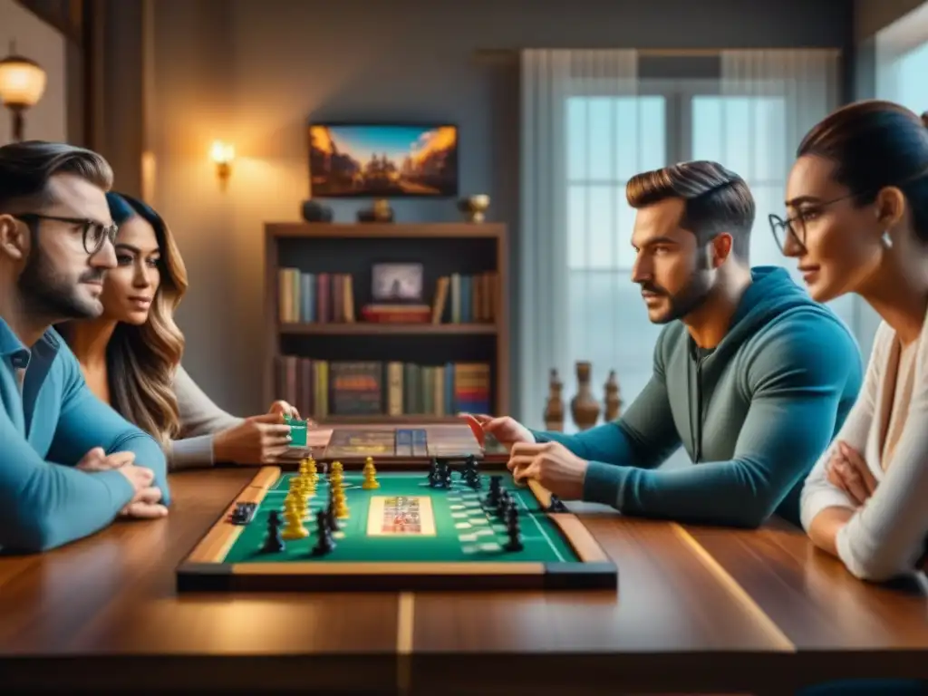 Juego de mesa móvil: diversión estratégica en grupo Una apasionante sesión de juegos de mesa móviles evolución, con jugadores diversos concentrados y emocionados en una sala acogedora