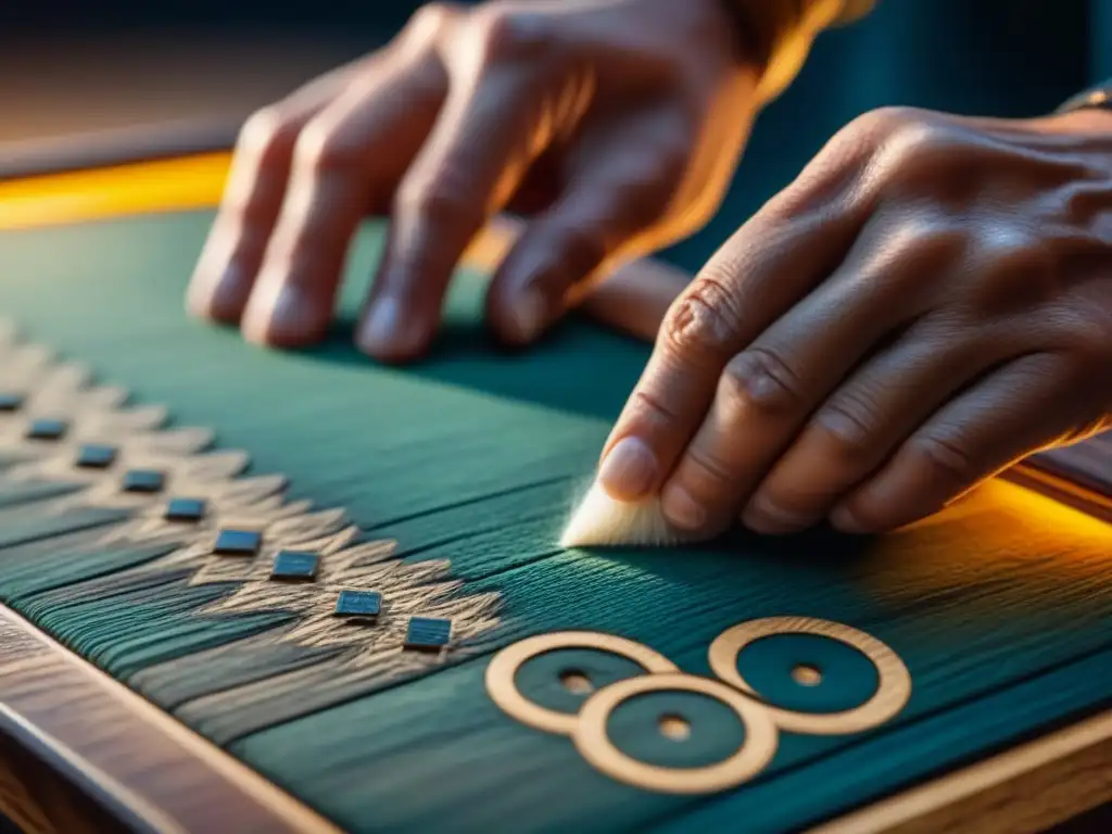 Restauración experta de tablero de juego antiguo: detalle y dedicación Restauración artesanal de juego de mesa antiguo: manos expertas lijan con detalle el tablero de madera antiguo, revelando sus patrones e historia