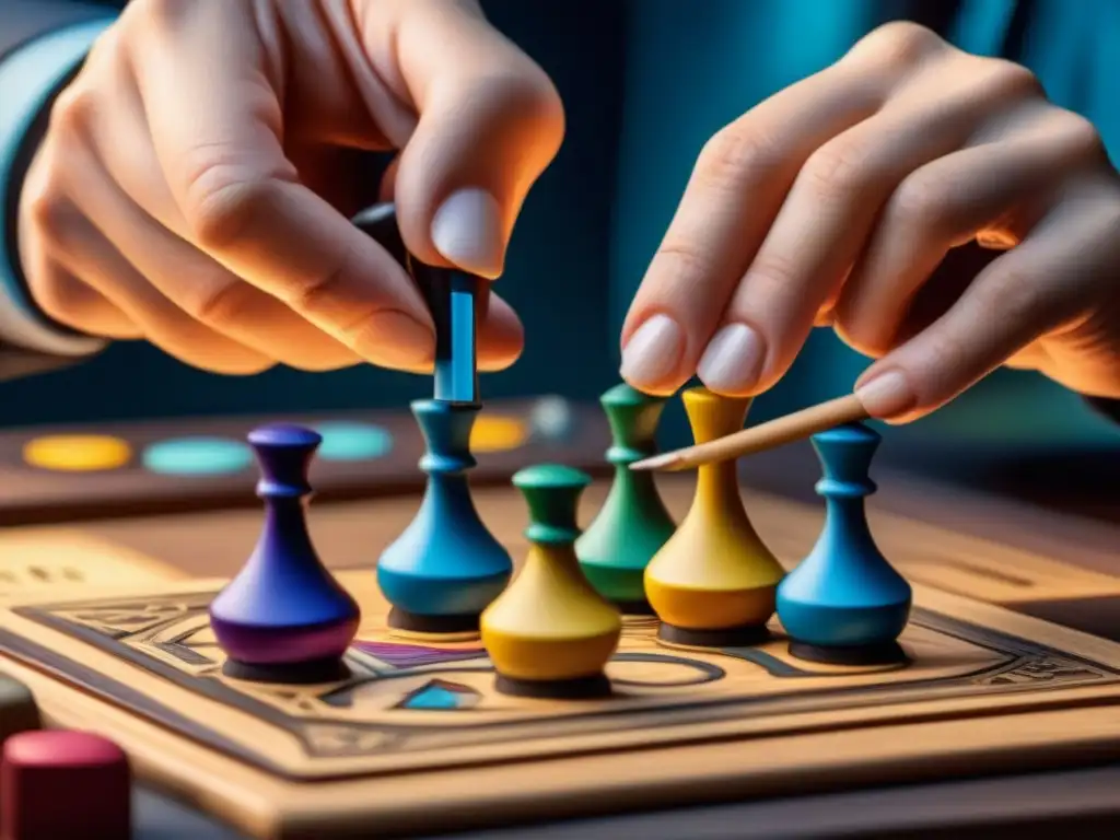 Artesano pintando marcadores de juego de madera con detalle Artesano pintando detallados diseños en marcadores puntuación juegos de mesa, mostrando personalización y maestría artesanal