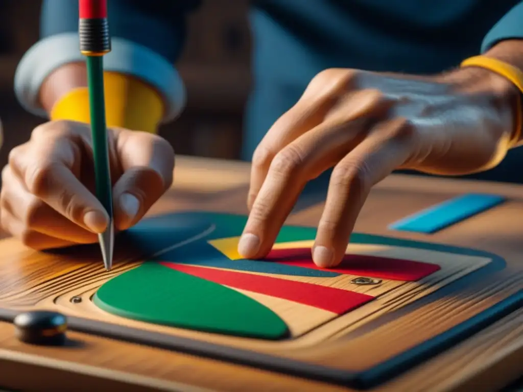 Artesano pintando diseño detallado en marcador de madera Un artesano pintando detallados marcadores de puntuación en madera para juegos de mesa