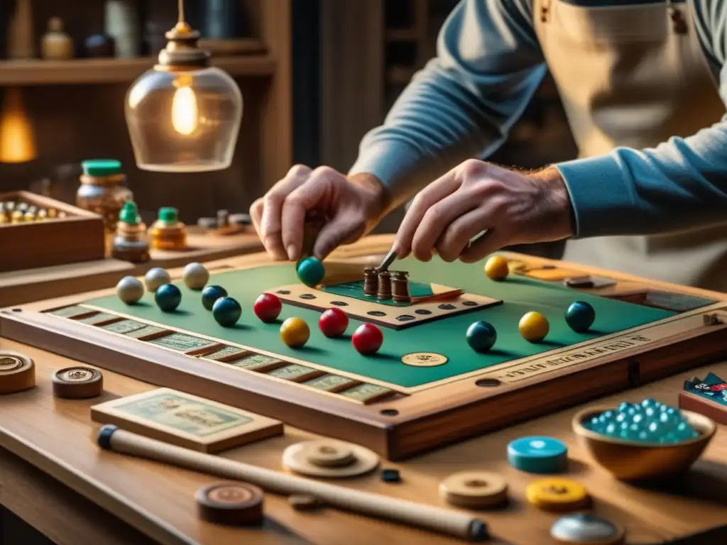 Un artesano restaura con detalle un juego de mesa antiguo en un taller cálido y acogedor