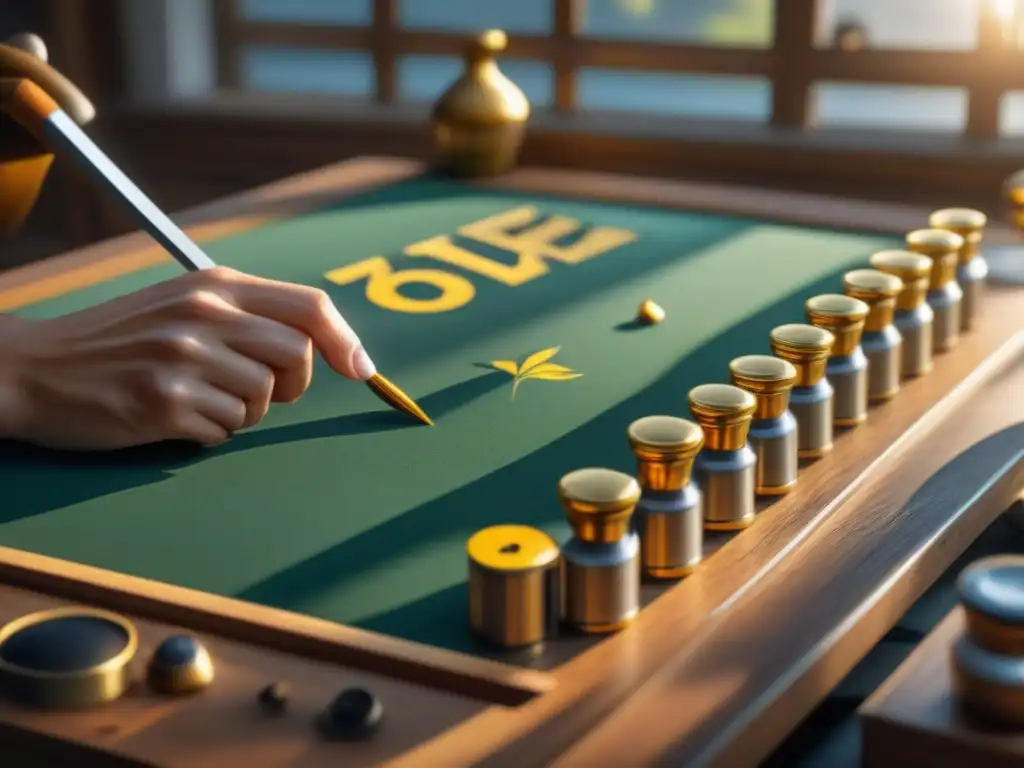 Arte en madera: manos expertas pintando números con oro Un artesano detallista añade toques dorados a marcadores puntuación juegos de mesa en un tablero de madera