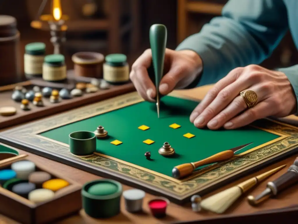 Un artesano restaura con maestría un juego de mesa antiguo, rodeado de herramientas de restauración